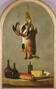 Nature morte (lièvre, canard, bouteilles, pain et fromage), 1742